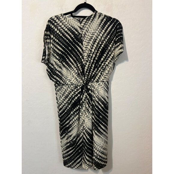 Chico's Sz 1 ( US M 8) Black White Printed Tie Dye Short Sleeve Knee Length Gath - Picture 6 of 7